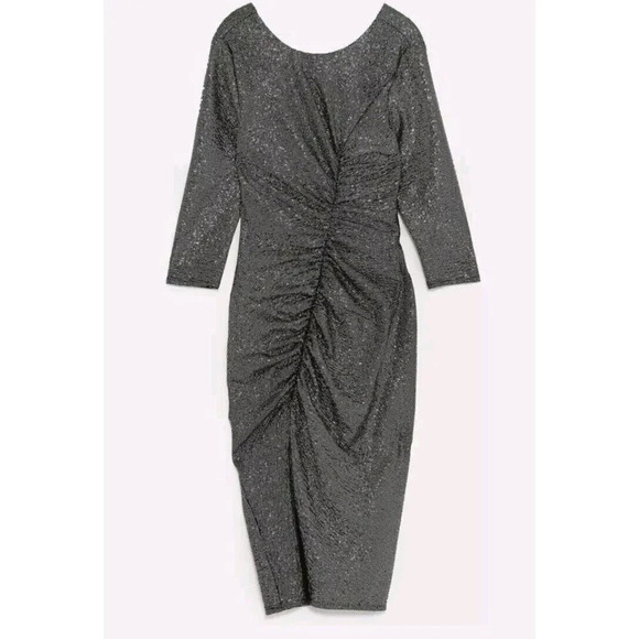 ZARA S Metallic Draped Long Sleeve Dress Runched Gathered Waist Front Slit Bold - Picture 5 of 16